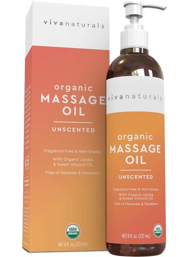 Viva Naturals Certified Organic Massage Oil - Derived and Non-Greasy Unscented Massage Oil, Perfect for Massaging Muscles and Relaxation, Moisturizing Body Oil, 8 fl. oz.