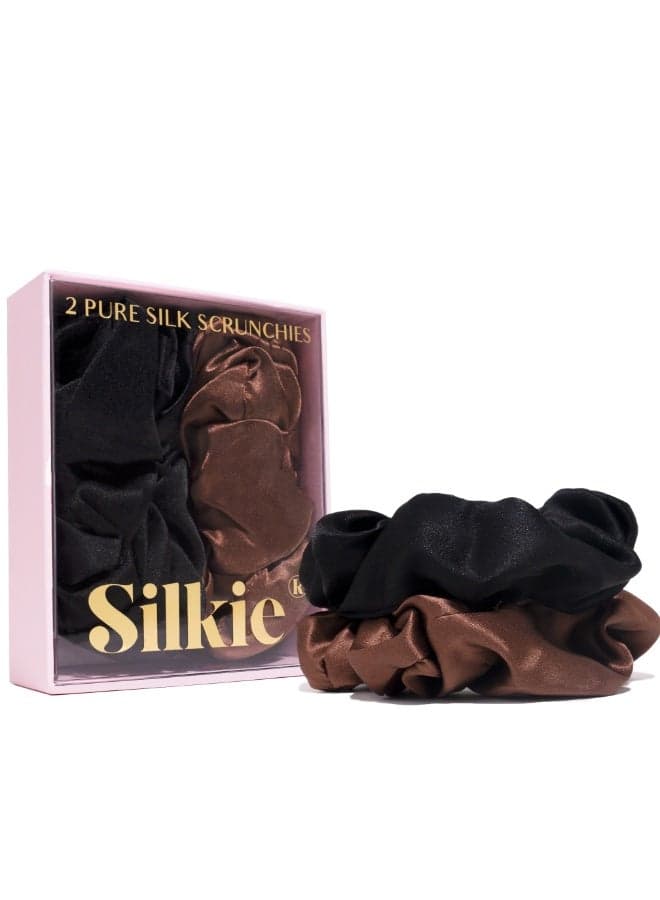 Silkie x2 Oversized Mulberry Silk Scrunchies – Soft No-Crease Hair Ties for Everyday Wear (Cocoa)