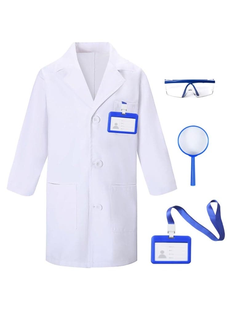4PCS Kids Doctor Scientist Lab Cosplay Costume Set , With White Coat, Goggles, Magnifying Glass and ID Card, Children's Career Day Dress-Up Role Play Outfit For Themed Birthday Party, Stage Performance, Pretend Play, Best Gift For Boys and Girls