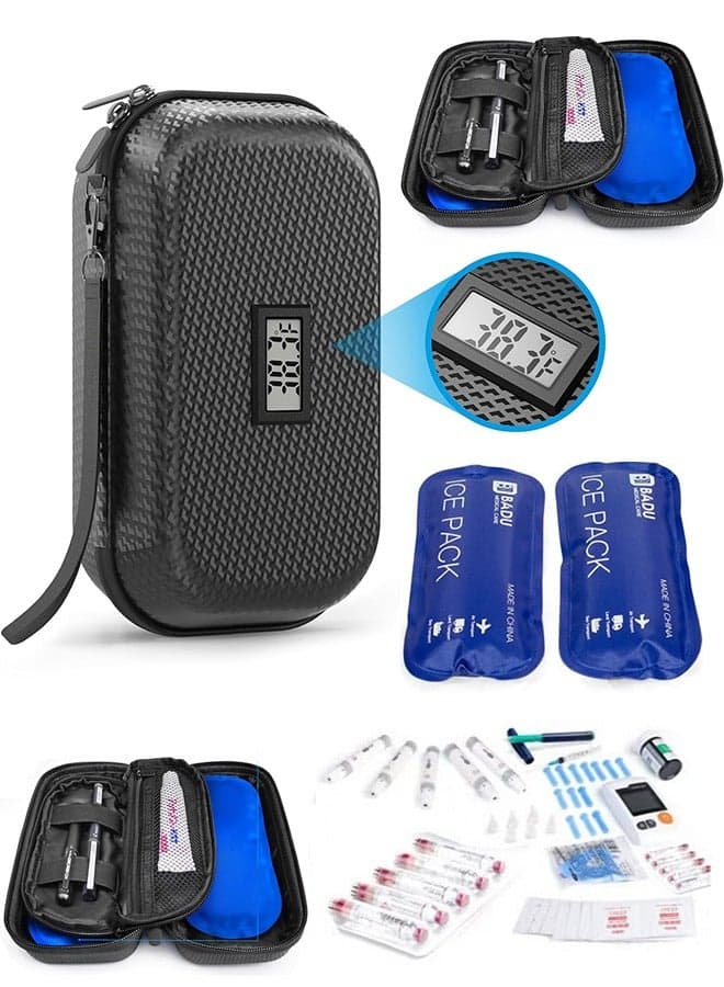 24h Insulin Cooler Travel Case with Thermometer TSA Approved Refrigerated Medicine Cooler for Travel with Thermometer Temperature Display Diabetic Travel Case Bag with 2 Ice Packs for Daily Life Trip
