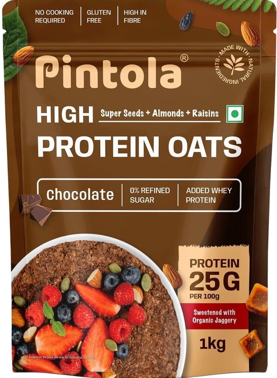 PINTOLA 25G Whey Protein Added OATS, Chocolate 1 KG | 0% Refined Sugar | Gluten Free | 8g Fibre | With Almonds, Raisins, Pumpkin & Chia Seeds | Perfect Breakfast