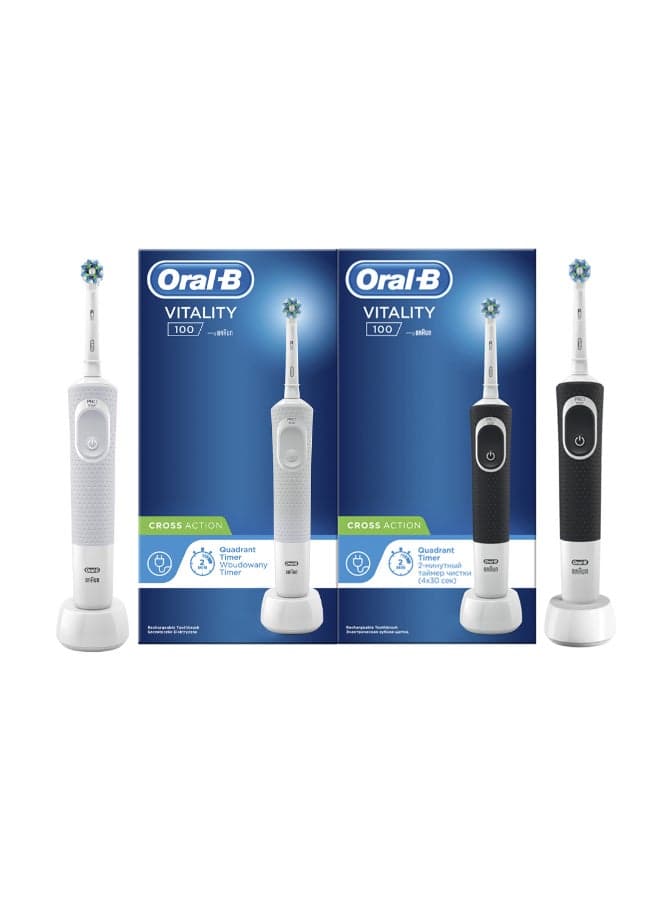 Vitality D100 Black And White 1+1 Free Bundle Electric Rechargeable Toothbrush, 2 Minutes Timer, Cross Action Brush Head, With Uae 3 Pin Plug