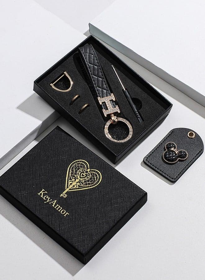 Elegant metal and quilted leather keychain car key holder for adults. Includes a matching AirTag holder. Stylish keychain with golden crystal-accented rings, perfect for women, featuring 3 key rings for added functionality. Made with elegant black leather, offers 360-degree rotation, and comes in a fancy gift box, making it a perfect gift choice.