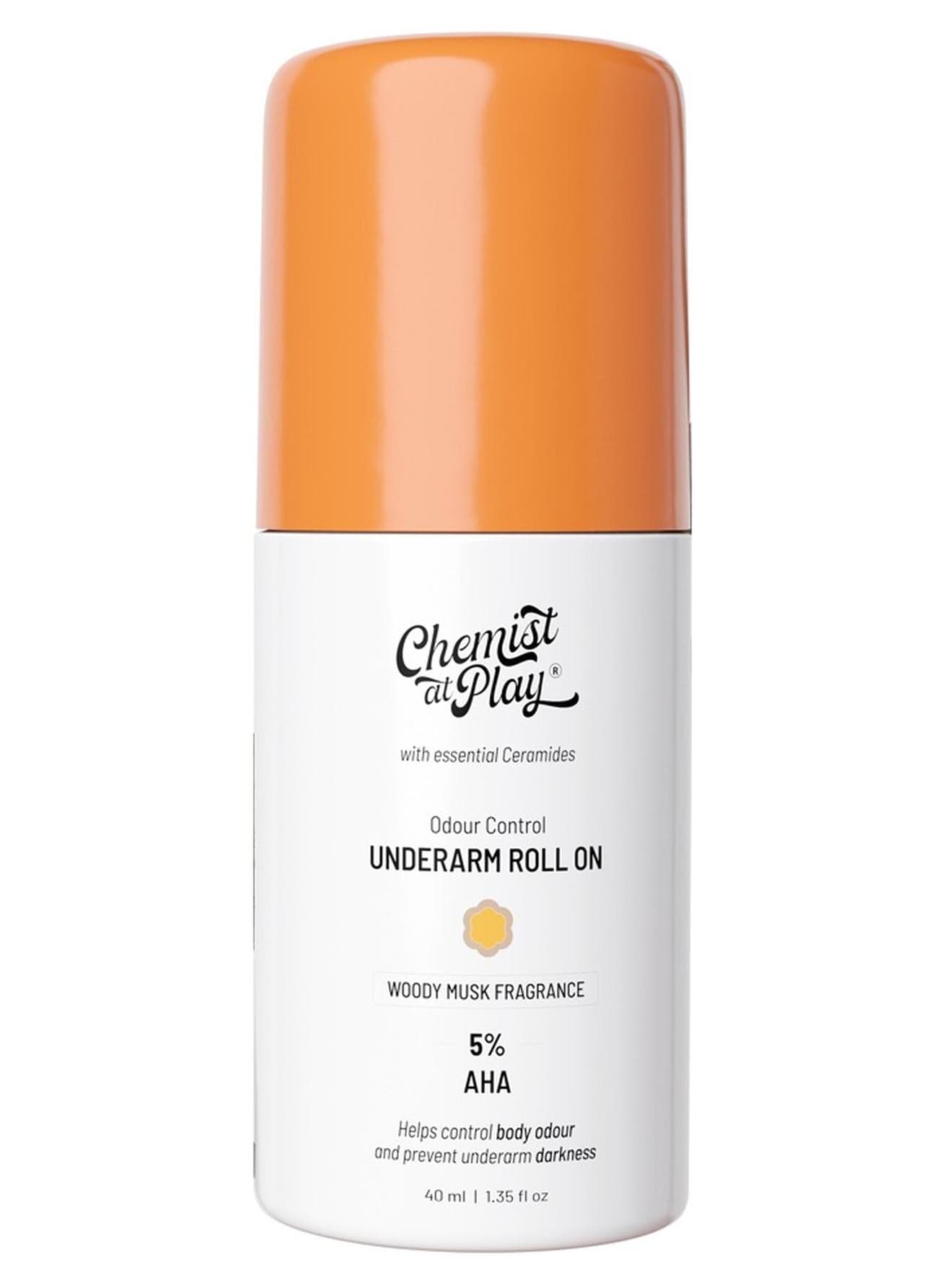 UnderArm Roll-On with 5% AHA, Lactic Acid & 1% Mandelic Acid | Prevents Body Odour, Brightens Skin & Exfoliates Underarm | For Sensitive Skin | Woody Musk Fragrance | Alcohol Free-40ml