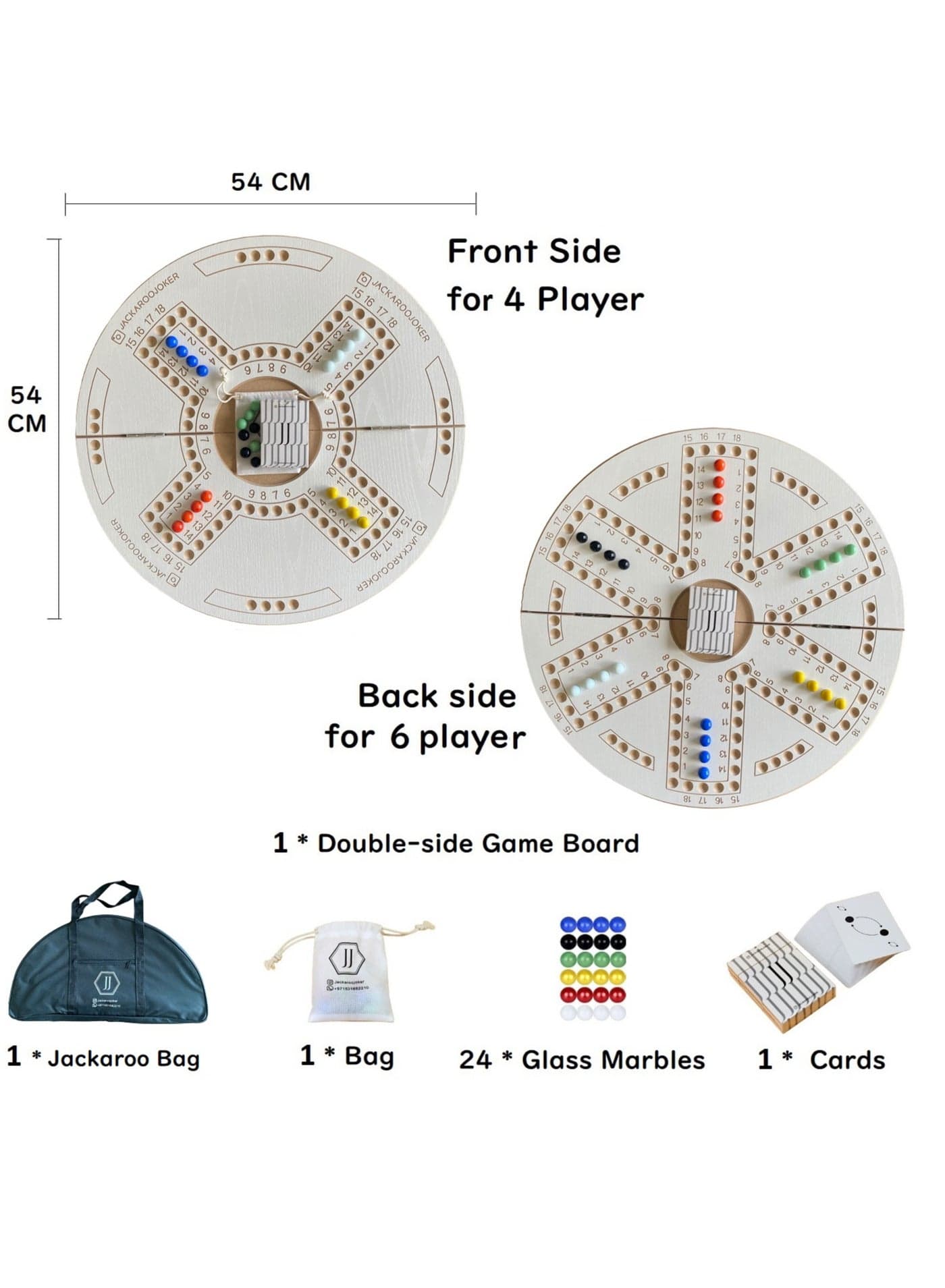 Jackaroo Joker Double Sided Foldable Wooden Board Game for 4 and 6 Players with bag, glass marbles and playing cards (white)