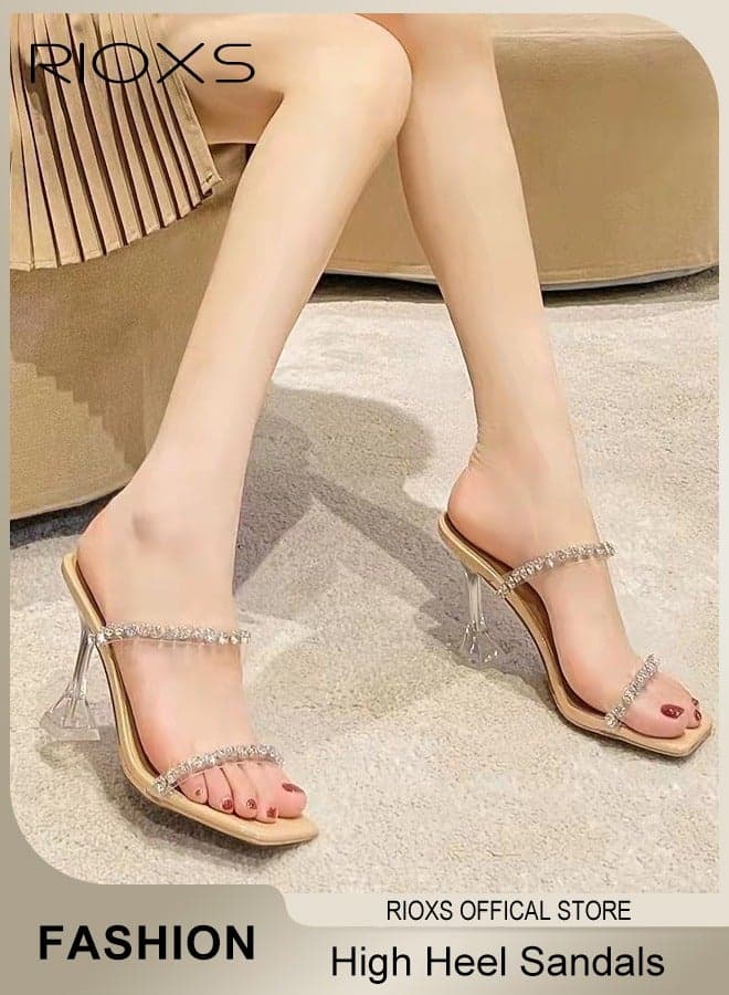 Women's Strappy Heeled Sandals, Open Square Toe Stiletto Heels For Ladies, Elegant Rhinestone Chain Slip On Sandles Dressy Sandals, Lightweight Dress Slid Sandals Shoes, Trendy Heels For Work/ Party/ Daily/ Date/ Formal Events