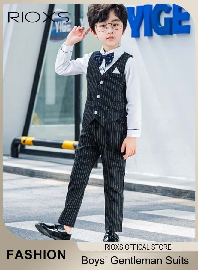 Boys 5 Pcs Blazers Suits, Formal Gentleman Suits Set for Kids Boys, Slim Fit Suit Ceremony Clothing Set With Shirt/ Bowtie/ Vertical Stripes Vest/ Pants and Belt, Boys' Blazers Suits for Party Wedding Performance and Formal Occasions