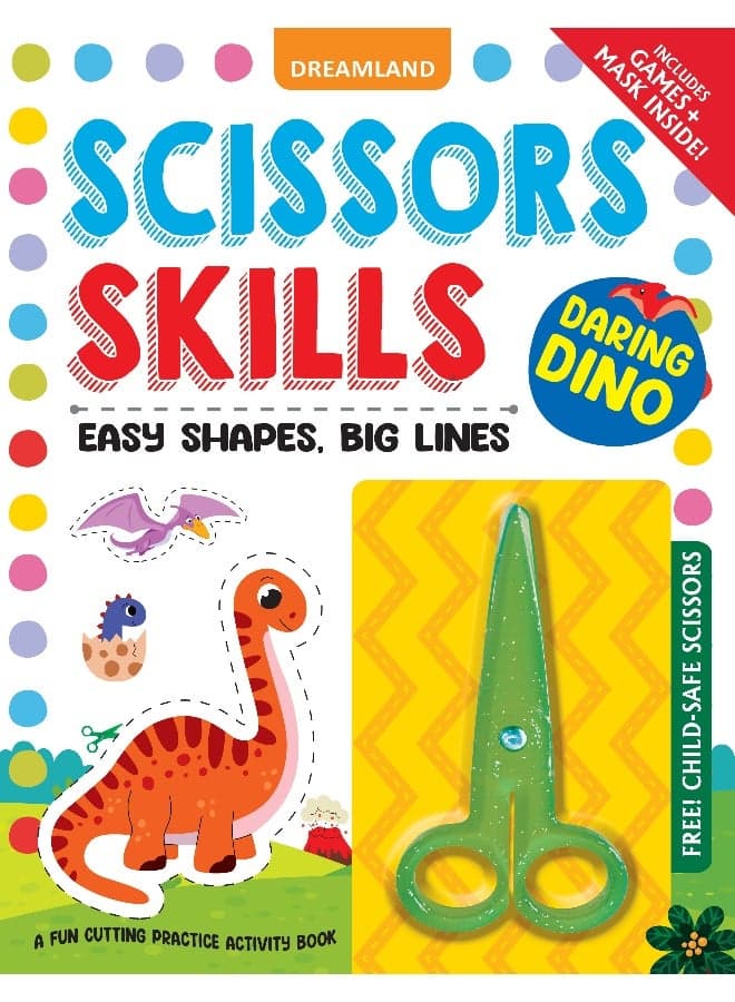 Daring Dino Scissors Skills Activity Book for Kids Age 4 - 7 years | With Child- Safe Scissors, Games and Mask