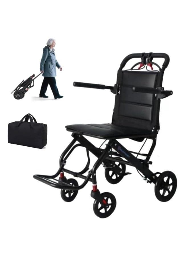 EnjoyCare EK822A Lightweight Manual Wheelchair Foldable Portable Transport Chair, Aluminum Frame, 100kg Capacity, Black - Foldable with Carry Suitcase