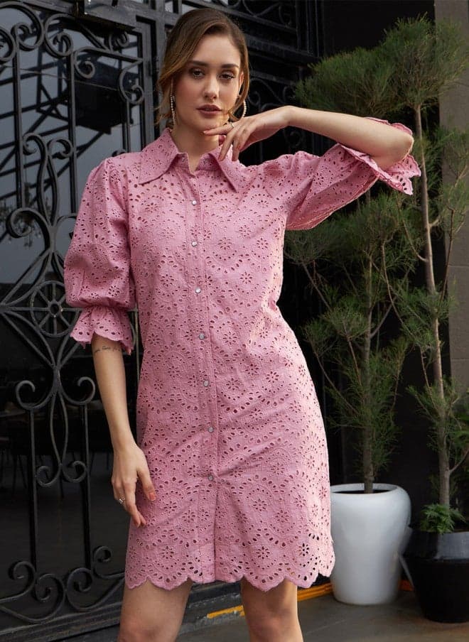 Schiffli Cotton Shirt Dress for Women