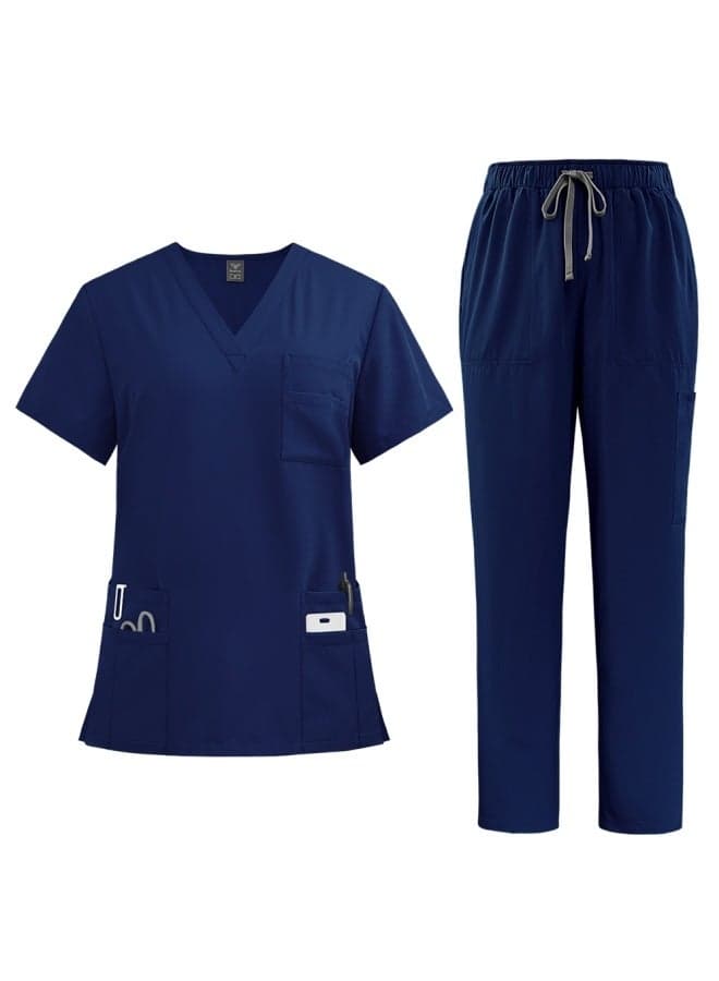 Womens Men Medical Scrubs Set Unisex Scrub Top and Scrub Pant Set Medical Uniform Scrubs Medical Uniform Set (Navy Blue)