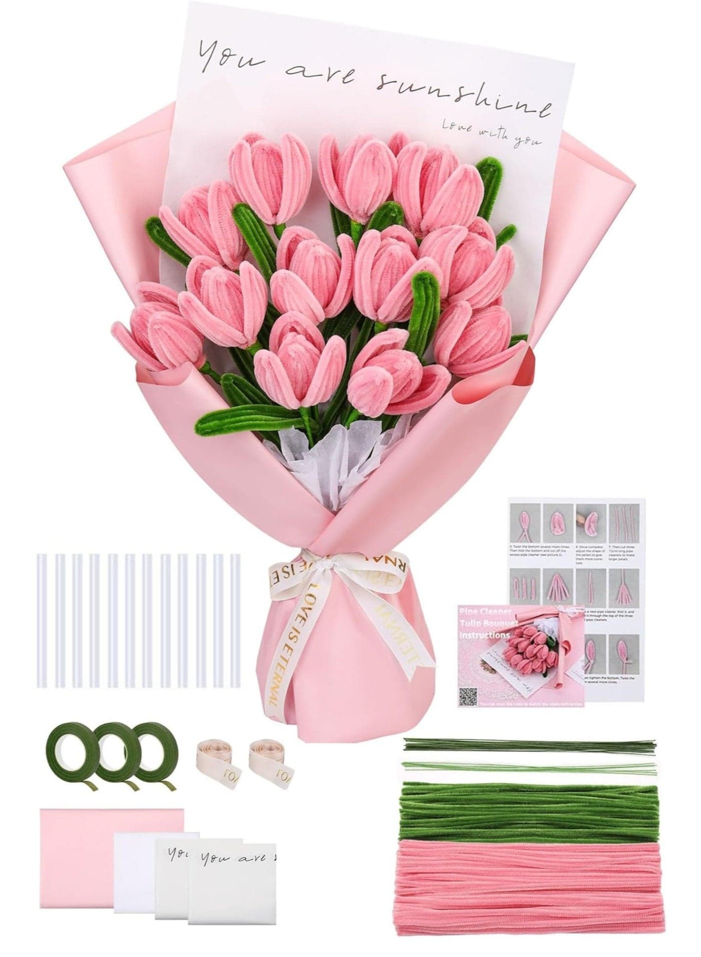 Pipe Cleaners Craft, Craft Pipe Cleaner Flower Kit, Chenille Pipe Cleaners with Wrapping Paper, Step-by-Step Tutorials for Birthday Home Decoration (Pink)