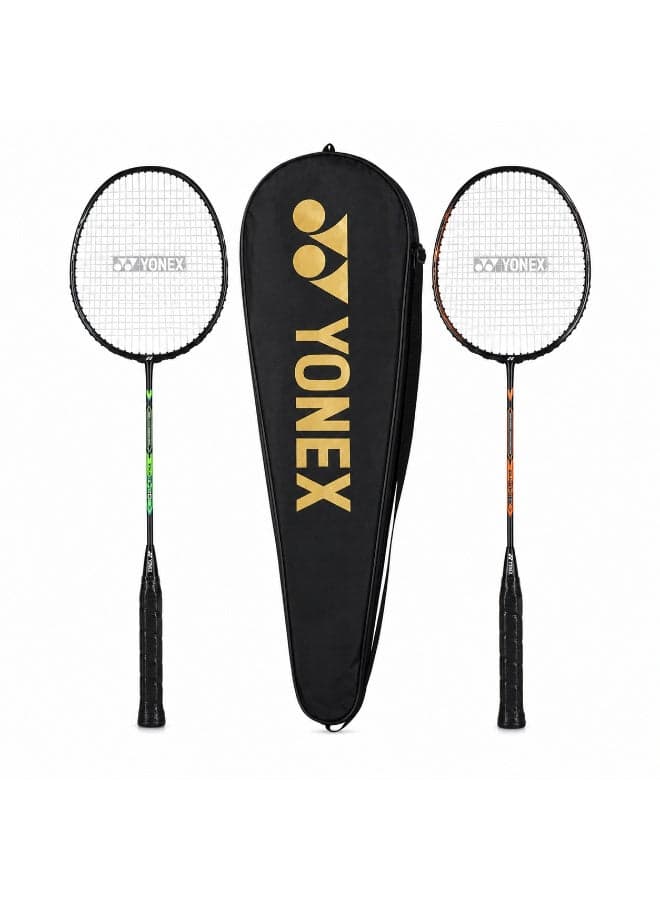 Duora 10 Badminton Racket Set of 2 with Full Cover | Pre-Strung | G5 Grip | Made in Japan | Black/Orange & Black/Green