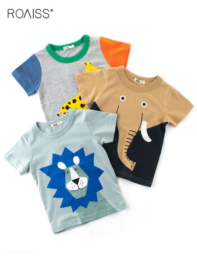 3PCS Summer T-shirt Set, Boys Short Sleeve Cotton Tops with Animal Prints, Stylish Unique T shirt for Boys, Suitable for Daily Wear or Any Occasion