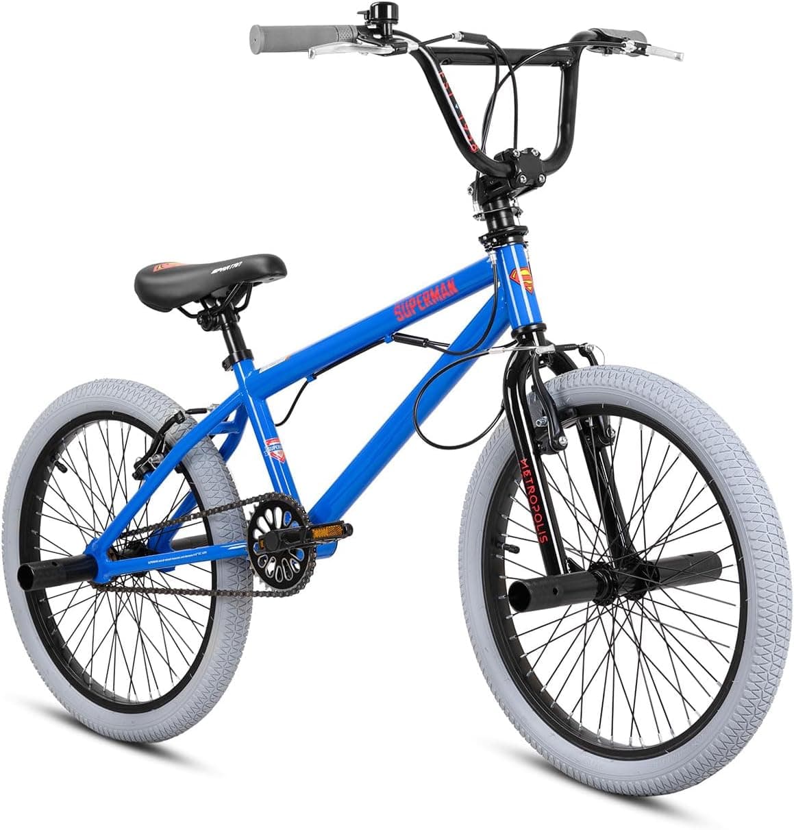 20-Inch Superman BMX Bicycle | 20-Inch Wheel Size | Official Superman Graphics, Steel Freestyle Frame, Caliper Brakes, Single-Speed Drivetrain, Freestyle Pegs, 170mm Crankset, Durable Rims and Tyres | Multicolour