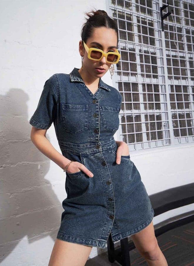 Shirt Collar Denim Mini Dress for Women