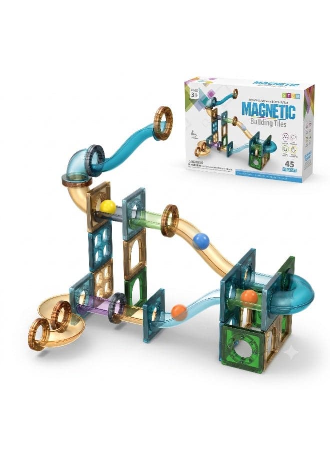 Magnetic Building Tiles Marble Track Set 45 Pieces – DIY Magnetic Blocks with Curved Slides, Tunnel Tubes and Ball Run System for Creative STEM Construction Play