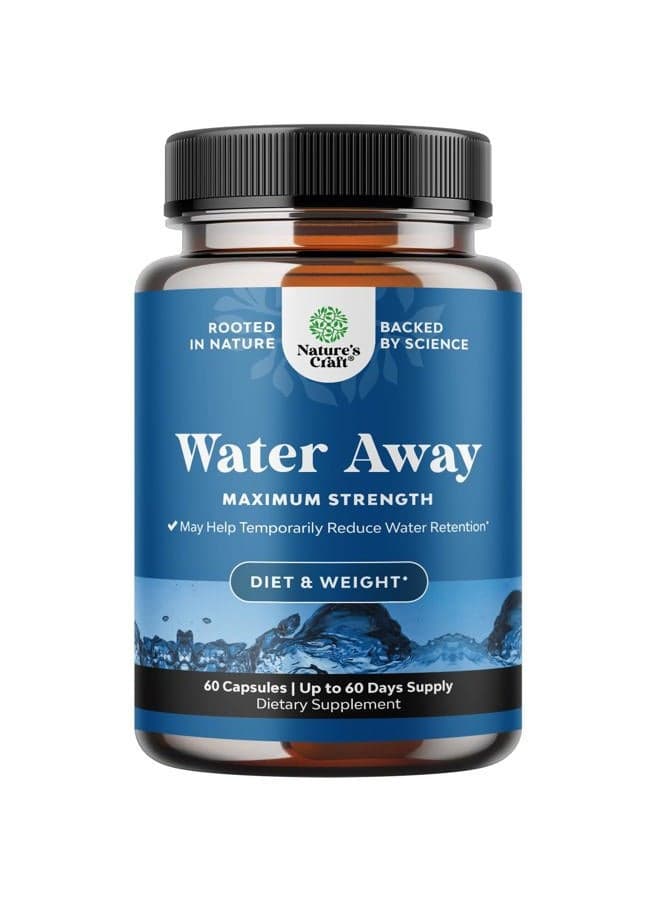 Water Away Herbal Diuretic Pills High Strength - Fluid Retention Supplement with Dandelion Leaf Extract & Green Tea for Bloating Relief for Women & Men - Capsules for Leg & Feet Swelling - 60 Count