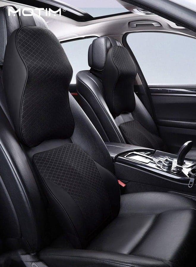 Car Leather Lumbar Support Pillow and Car Seat Cushion Kit, Memory Foam Car Neck Lumbar Support for Back Pain Relief, Ergonomic Low Back Cushion with Adjustable Strap
