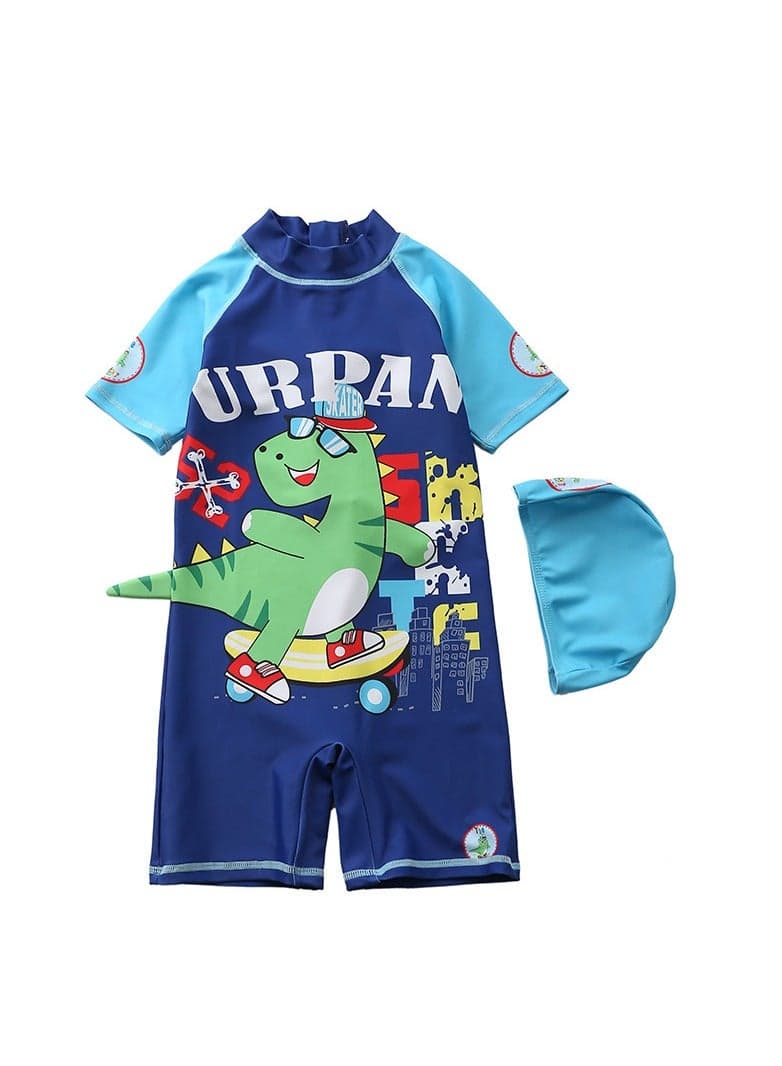 Children's Little Dinosaur Swimsuit Long Sleeved One Piece Sun Proof Swimsuit With Hat For Height 70-120cm Boys