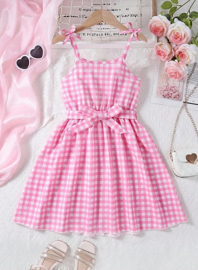Girls Pink Gingham Strappy Dress