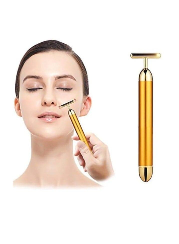 24K Gold Massager - Electric Vibration Beauty Bar for Facial Massage, Waterproof T-Shaped Anti-Wrinkle Roller for Forehead, Cheeks, Neck, Arms & Legs.
