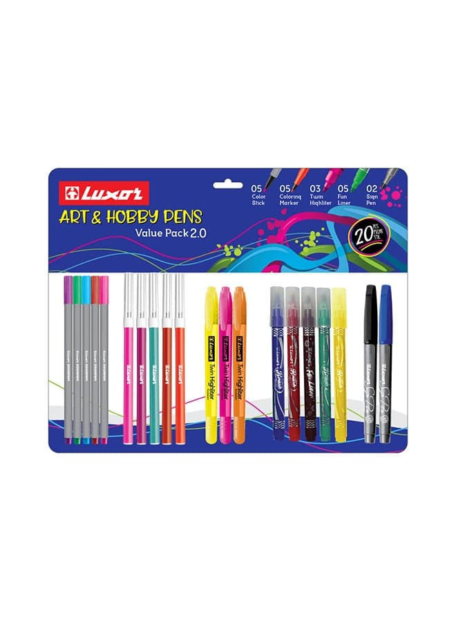 Pack Of 20 Trendy Design Pen, Assorted Ink, Water Base Marker, Includes 5 Coloring Markers, 5 Color Sticks, 5 Fun Liner, 3 Twin Highliter, 2 Sign Pen