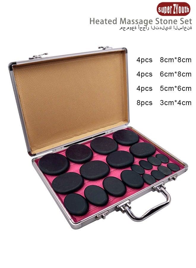 20-Piece Portable Soft Natural Basalt Hot Stone Set, Massage Stone Warmer with Heating Box for Spa and Therapy (UK Plug)