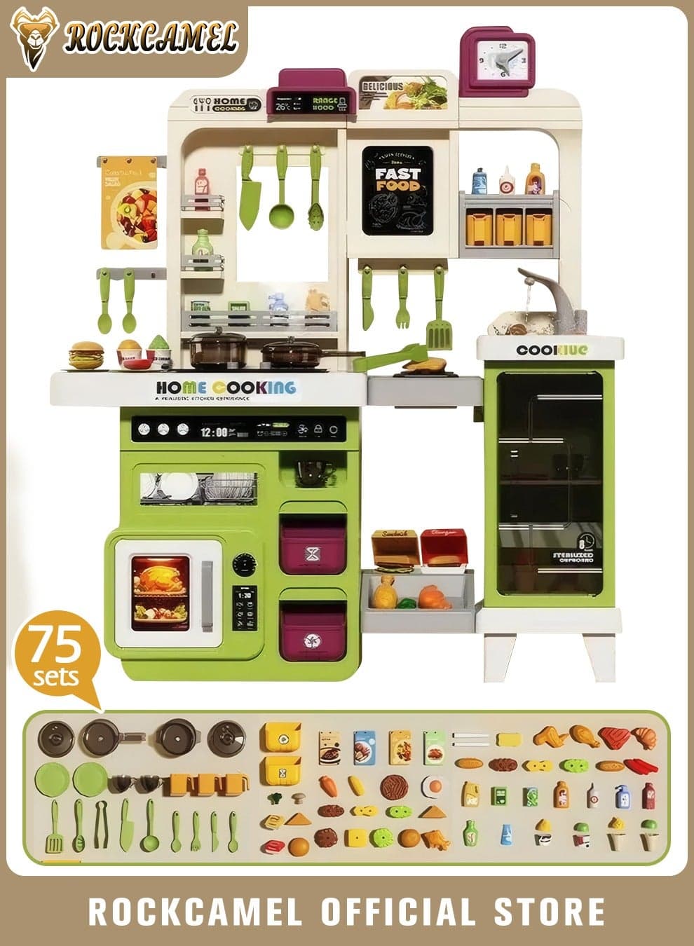 Kids Kitchen Toys Play Set, 75 Pcs Accessories with Realistic Spray, Running Water & Sound Effects, Kitchen Color Changing Play Food Accessories, Educational Gift for Girls & Boys Age 3+, 82CM Height, Green