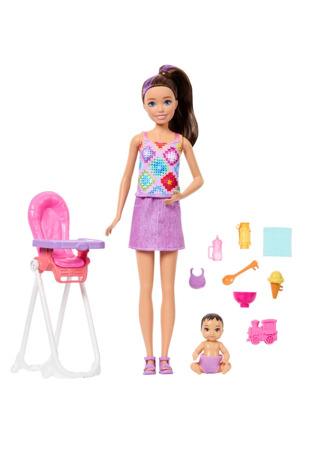 Skipper Babysitters Inc. Playset with Brunette Doll, Brunette Toddler Doll, High Chair & 8 Accessories Including Food
