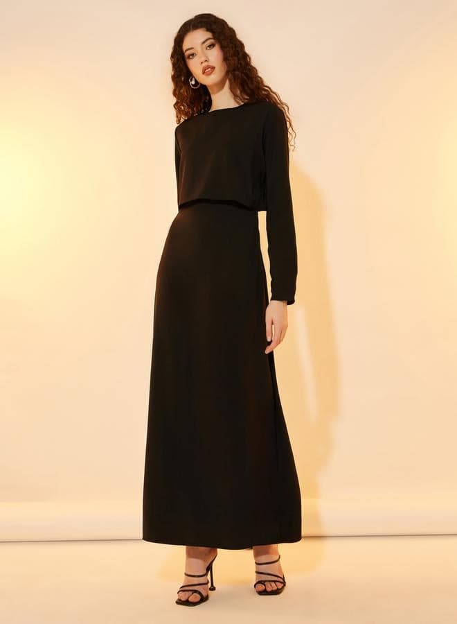 2In1 Look Solid Round Neck A-Line Maxi Dress