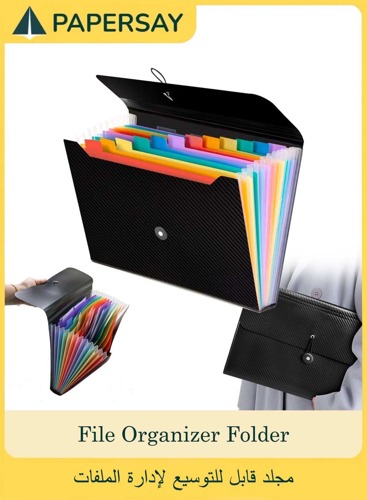 A4 Expanding File Folder, 13-Pocket Accordion Organizer with Tabs & Elastic Closure – Portable Document Holder for Home, School, Office & Travel (Black/Multi-Color)
