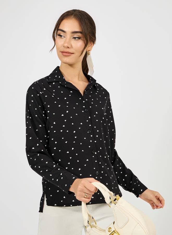 Woven Heart Print High Low Hem Shirt