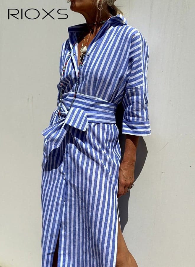Women's Striped Shirt Dress, Lapel 3/4 Sleeve Button Down Dresses, Casual Split Belted Vacation Maxi Dress, Ladies Loose Shirt Dress with Pocket, Trendy Semi-Formal Dresses, Oversized T Shirt Dress with Long Wide Waistband, Flattering Dresses for School Home and Daily Wear, Hawaiian Women Dress Blue