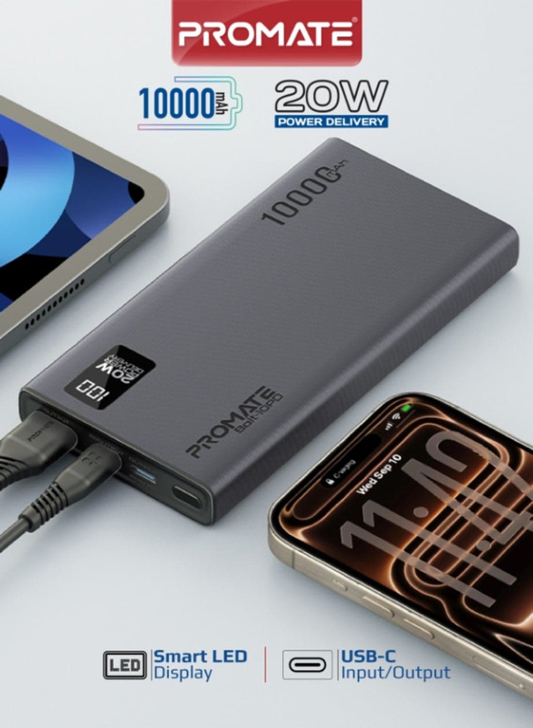 10000 mAh Bolt-10PD 10000mAh Power Bank 20W PD Fast Charging, USB-C Input & Output, Quick Charge 3.0 Portable Charger with Smart LED Display, Triple USB Ports for iPhone 17/17 Pro Max, Samsung S26 Ultra, iPad Air/Pro Black