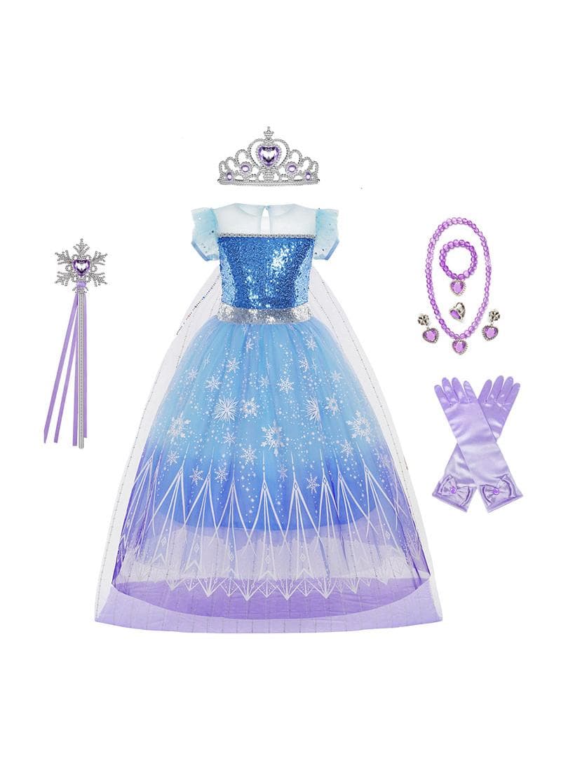 Frozen Princess Elsa Dress Elsa Princess Girls' Short-Sleeve Dress Removable Tulle Cape Dress