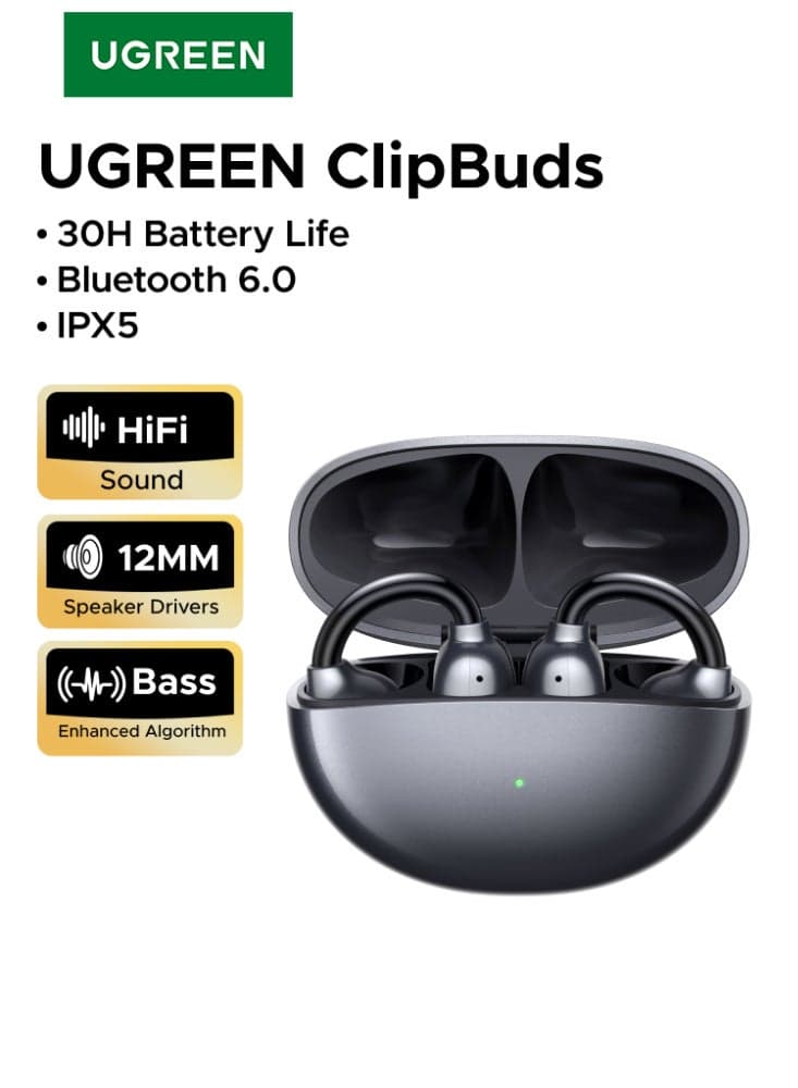 ClipBuds, Open-ear Wireless Headphones with 4 Mic Clear Call 12mm Diaphragm Earbuds Clip on Earphones Bluetooth 6.0, App&Touch Control, Lightweight, IPX5 for Fitness, 30H Playtime, iOS&Android black