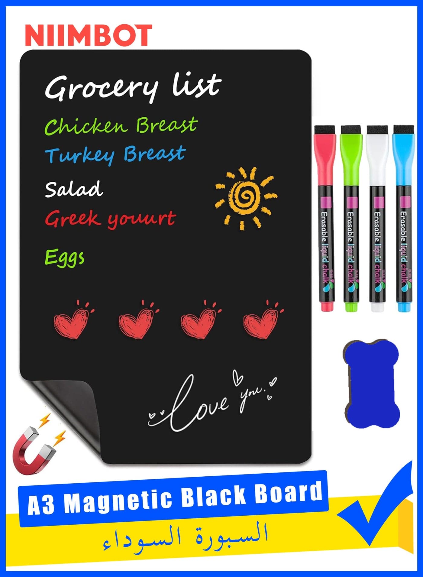 A3 Magnetic BlackBoard Dry Erase Black Board Sheet for Refrigerator, 29.7×42cm Fridge Magnetic Whiteboard for Kitchen, Fridge Shopping List for Family Planner and Grocery List, 4 Chalk MarkersMagnetic Black Dry Erase Board Sheet for Refrigerator
