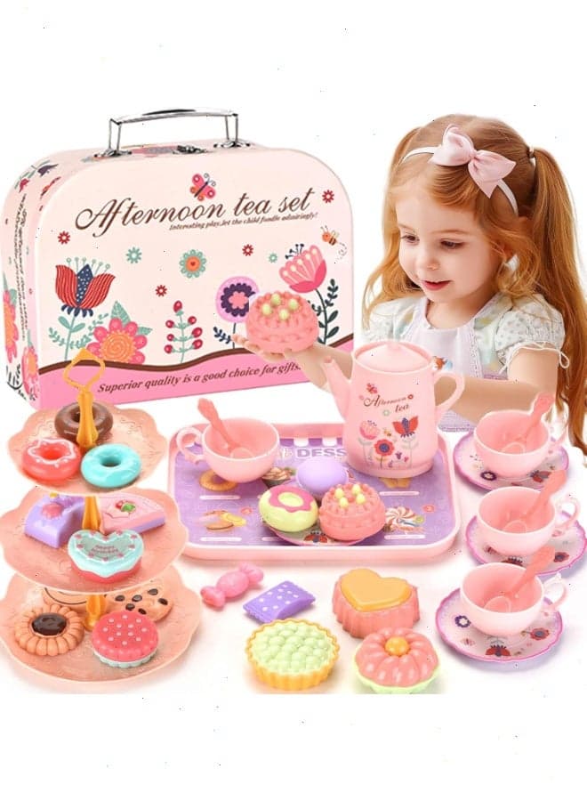 42Pcs Toddler Tea Set Play - Pretend Toys with 3-Tier Dessert Stand & Carrying Case, Princess Kitchen Tea Party Toy for Girls