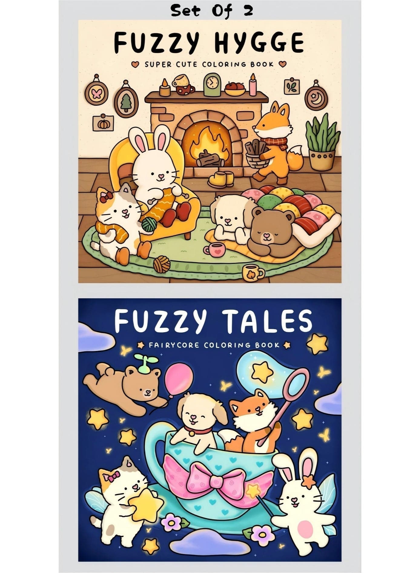 Set Of 2 Little Corner Fuzzy Tales+Fuzzy Hygge Fairycore Coloring Book For Adults & Teens Super Cute Designs Of Hygge-Inspired Spaces For Relaxation Cozy Escape Coloring Book With Cute Interiors
