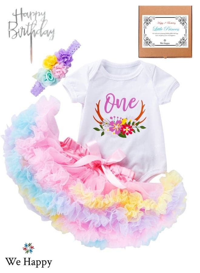 4 Pieces 1st Birthday Baby Girl Costume Set Newborn Princess Dress for Theme Party Photoshoot Unicorn Bodysuit with Tutu Skirt, Cake Topper and Floral Headband
