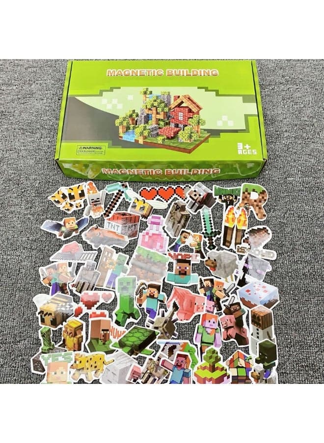 Minecraft Magnetic Block Building Set 150PCS Game-Based Magnets Cubes Magnetic Particles Children's Magnetic Attraction Toys with 6 Minifigures + 10 Stickers + Color Box + Storage Bag + Instruction Manual, Toys for 3 -13 Year Old Boys Girls Birthday for Kids