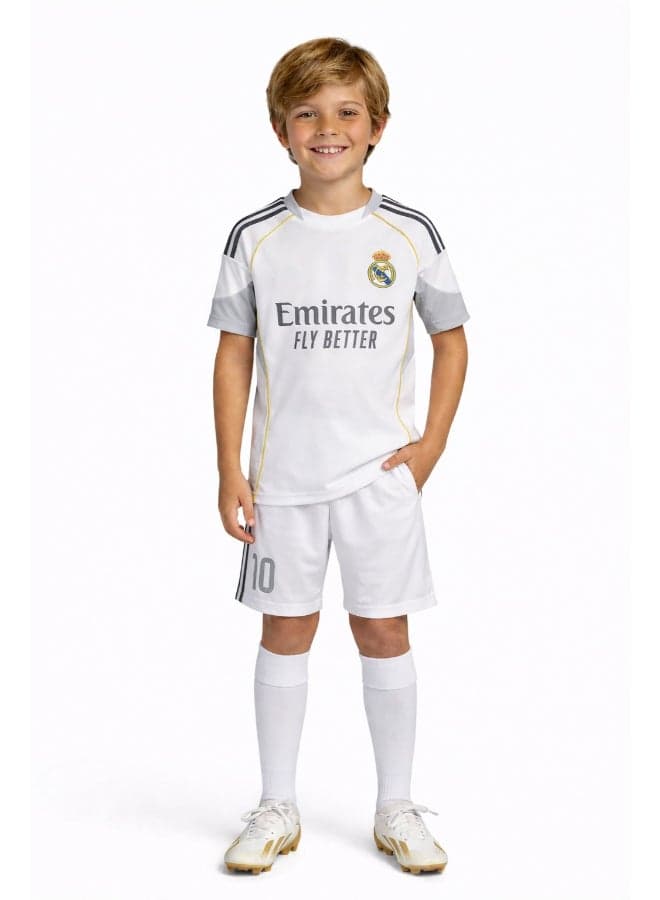 Kids Real Madrid Home Football Jersey Set – Number 10 Printed – Boys Sports T-Shirt & Shorts Kit