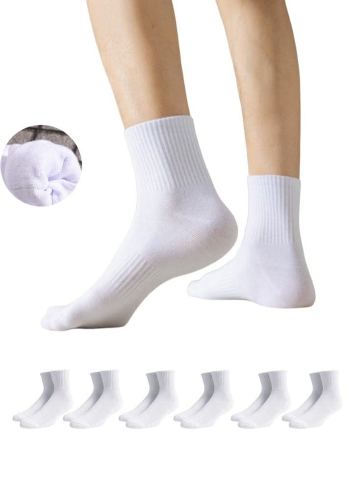 Lullaxx 100% Thick Cotton Mid-Calf Socks 6-Pack,Breathable,Casual Comfortable Athletic,Odour Free Mens Socks For All Season(White)