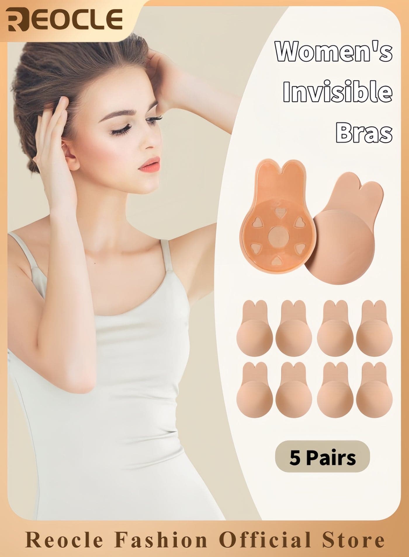 5PCS Women's Adhesive Bras Strapless Backless Bra Invisible Lift Up Adhesive Cover Bra Comfortable & Reusable Silicone Rabbit Ear Bras for Strapless Backless Evening Dresses & Prom Dresses & Bridal Dress