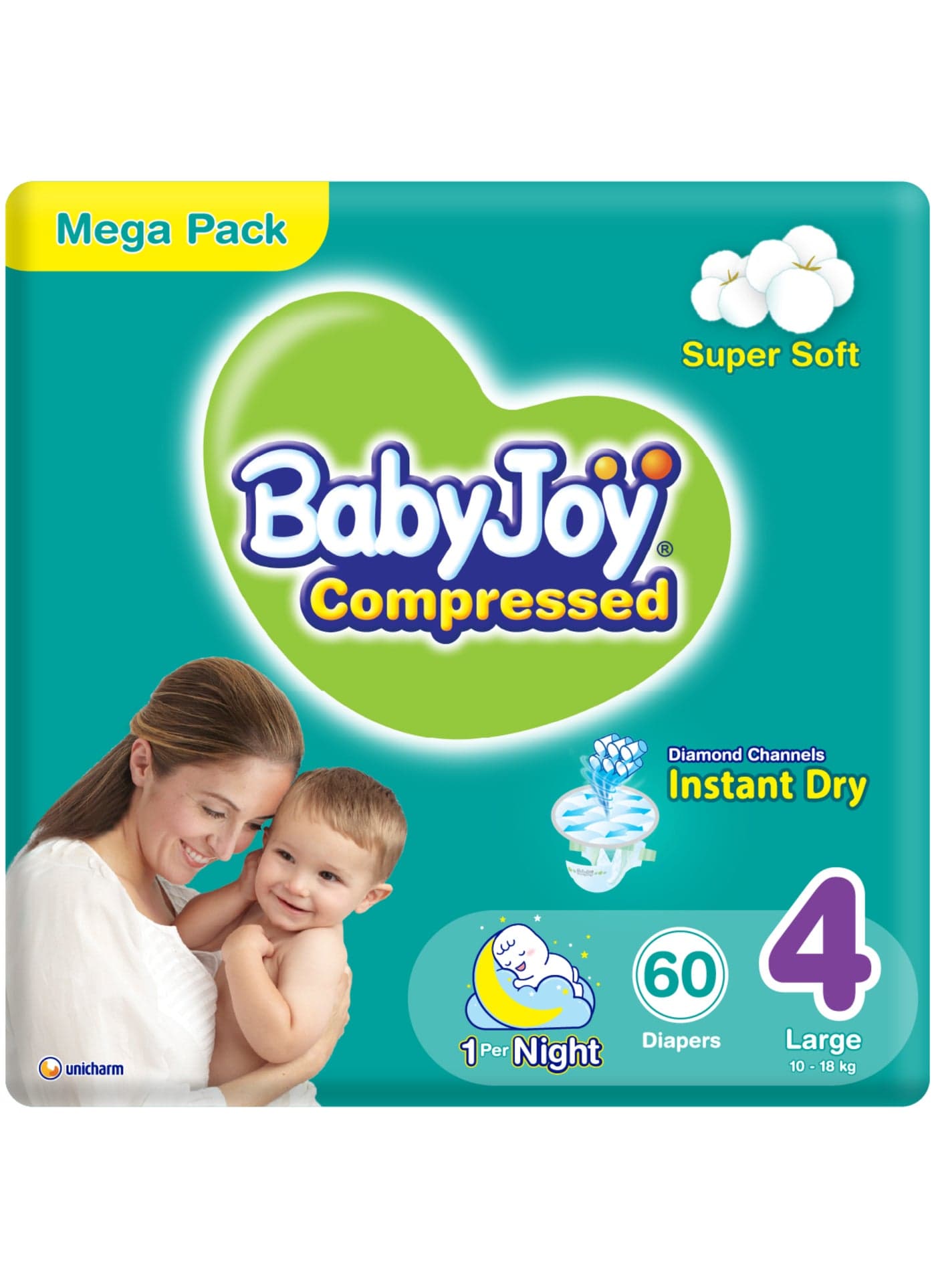 Compressed Diamond Pad Diaper, Size 4, Large, 10-18 Kg, Mega Pack, 60 Diapers