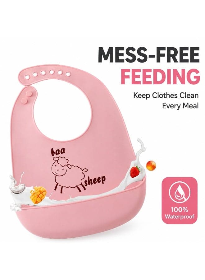 Silicone Baby Bib Adjustable Waterproof Feeding Bib with Food Catcher Pocket for Infants Toddlers BPA Free Easy Clean