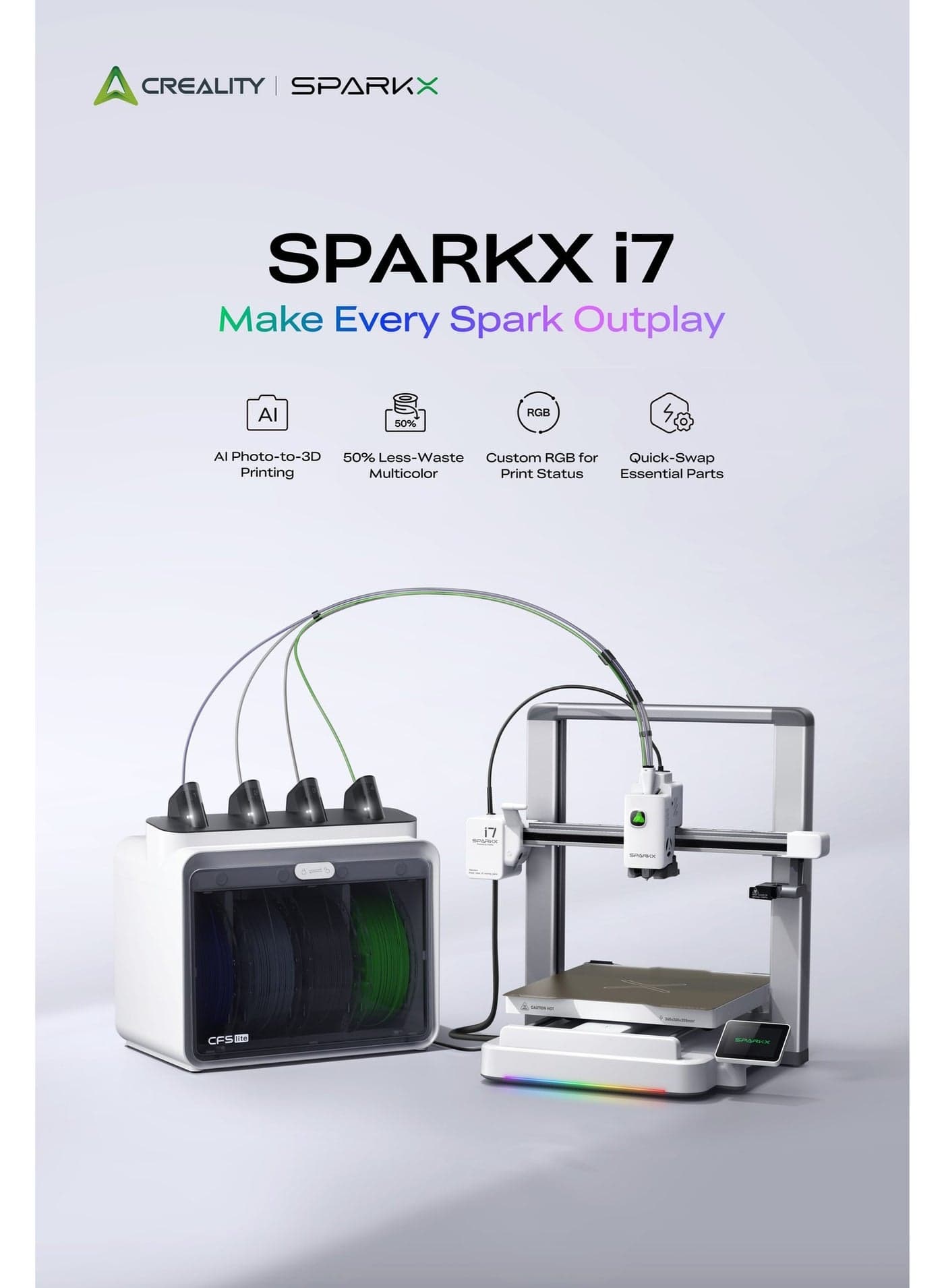 Creality 3D Printer SPARKX i7 Combo, New 3D Printer-Multi Color, AI Photo to 3D Printing, 95% Pre-Assemble Essential Parts, with CFS Lite, 500mm/s High Speed, Auto-Leveling, Low Noise, 260×260×255mm Silver