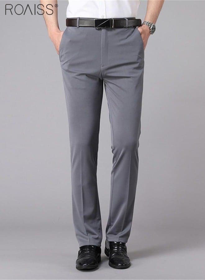 Men's Fashion Casual Business Pants Summer Light Thin High Elastic Classic Pure Grey Suit Pants Skintight Wrinkle-Resistant High Waist Straight Trousers with Pockets on Both Sides