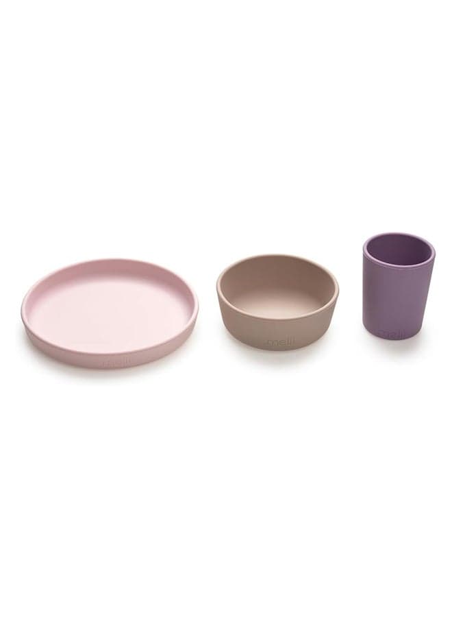 Pack Of 3 Silicone Feeding Set - Plate, Bowl And Cup, Purple, Pink, Grey
